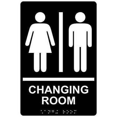 ComplianceSignscom Changing Room Sign ADACompliant Braille and Raised Letters 9x6 inch White on Black Acrylic with Adhesive Mounting Strips