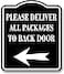 Work House Signs Please Deliver All Packages To Back Door Left BLACK Aluminum Composite Sign 85x10