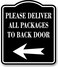 Work House Signs Please Deliver All Packages To Back Door Left BLACK Aluminum Composite Sign 85x10