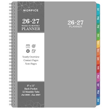 WORPICE 20262027 Planner 20262027 Weekly and Monthly Planner 9 11 from JUL 2026 to JUN 2027 Inner Pocket Premium Paper Twinwire Binding Make Life Productive Gray