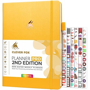 Clever Fox Planner PRO 2nd Edition Undated Weekly Agenda Planner for Setting Goals Tasks Time Management Life Organizer with Todo Lists Habit Trackers Large 85x11 Amber Yellow