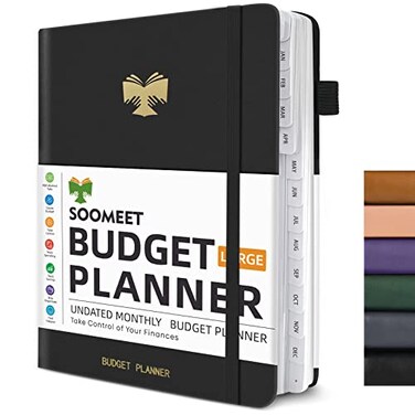 Soomeet Budget Planner with Monthly Tabs 7 x 10 Hardcover Budget Book Monthly Bill Organizer with Pockets Undated Finance Planner with Expense Tracker Notebook to Take Control Your Money Black
