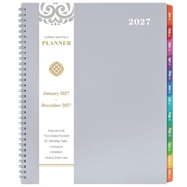 Artfan 2027 Monthly Planner 2027 Planner JAN 2027 Dec 2027 85 x 11 Monthly PlannerCalendar 12Month Planner with Tabs Pocket Label Contacts and Passwords Thick Paper TwinWire Binding Grey