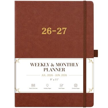 Vondafe 20262027 Planner Weekly and Monthly Planner 20262027 Jul 2026 Jun 2027 9 x 11 2627 Calendar Planner with Inner Pocket Elastic Closure Pen Loop Bookmarks Leather Hardcover Brown