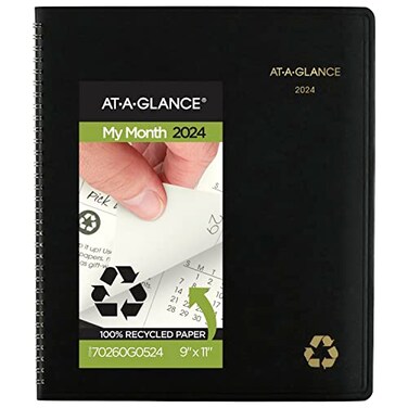 AT-A-GLANCE ATAGLANCE 2024 Monthly Planner 9 x 11 Large Spiral Bound Recycled Monthly Tabs Faux Leather Black 70260G0524