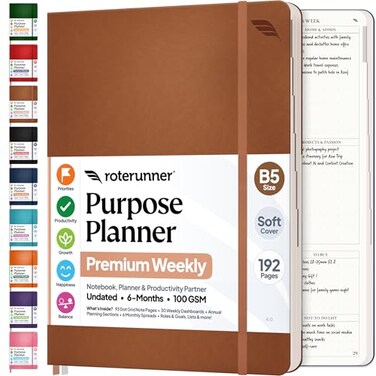 Roterunner Purpose Planner Notebook B5 75x98 Undated 2026 Daily Weekly and Monthly Productivity Goal Setting Tool for Work Home ADHD Planner for Adults Self Care Journal