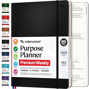 Roterunner Purpose Planner Notebook B5 75x98 Undated 2026 Daily Weekly and Monthly Productivity Goal Setting Tool for Work Home ADHD for Adults Self Care Journal