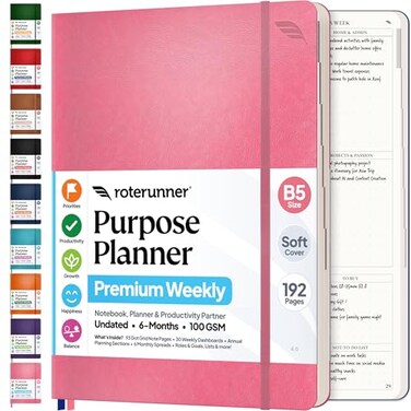 Roterunner Purpose Planner Notebook B5 75x98 Undated 2026 Daily Weekly and Monthly Productivity Goal Setting Tool for Work Home ADHD Planner for Adults Self Care Journal Pink Softcover