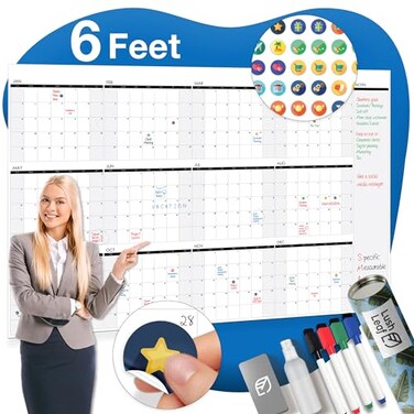 Lushleaf Designs Dry Erase Calendar for Wall 48x74 Undated Reusable Yearly Large Whiteboard For School Classroom Office Includes Markers Eraser Accessories