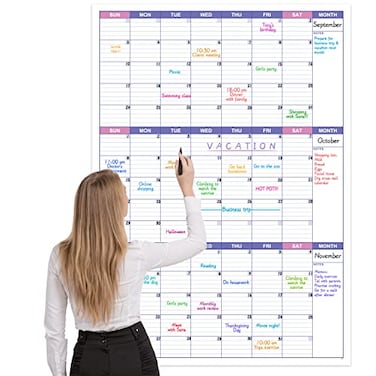 BooQool Large Dry Erase Calendar for Wall Undated 3 Month Calendar 277 x 40 Erasable Reusable Laminated White Board with 8 Round Stickers Vertical Layout Home Office and School