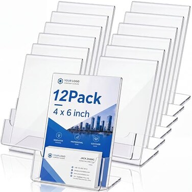 Crtiin 6 Pcs Acrylic Slanted Sign Holder with Business Card Holders Clear Display Stand Flyer Stand with Gift Card Holder for Office Table Advertisement Brochure 4 x 6 InchSide Insert