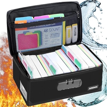JUNDUN Index Card Holder with LockCollapsible Fireproof Index Card Box fits 1200 3x5Inch Flash Cards Business Recipe or Note Card Storage Boxes Black