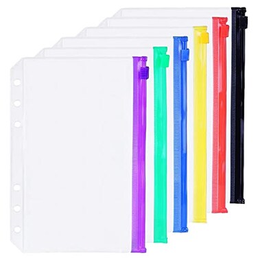 Zelten 6 Pack A5 6 Holes Binder Zip Pockets Plastic Binder Zipper Folders Waterproof 6 Holes Zipper Loose Leaf Bags Zip Lock Envelope for Documents Notebooks Cards 6 Color Zip Pocket A5