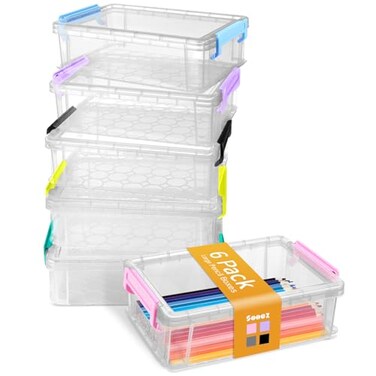 Sooez 6 Pack Extra Large Pencil Box Plastic Hard Pencil Case Crayon Box Bulk Clear Marker Organizer Plastic Containers with Lid Stackable Storage Boxes for Art Craft Back to School Supplies Multi