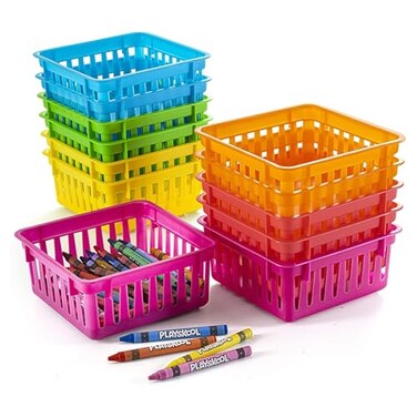 PREXTEX Classroom Storage Baskets Crayon Pencil Container Classroom Organization Multicolor Plastic Square Baskets 5x5x3 Inches 12 Count