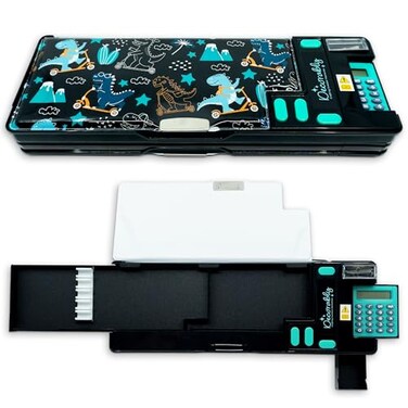 Decorably Pop Up Multifunction Dinosaur Pencil Case with Calculator for Boys with Sharpener Pen Slots Mini Drawer and 2 Main Compartments with Magnetic Closure Back to School Gift for Kids