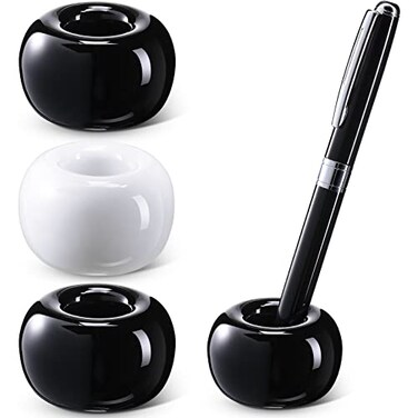 Newtay 3 Pcs Ceramic Pen Holder Sleek Mini Ceramic Toothbrush Holder Stand for Bathroom Vanity Countertops Single Pen Stand for Desk Home Office School Students Teachers Black and White