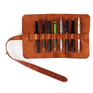 Londo Genuine Leather Retro Pen and Pencil Case Metal Snap Fastener Pencil Pouch Stationery Bag