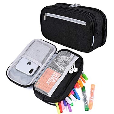 YONZONE Large Capacity Pencil Case Big Storage Pencil Bag Pouch 3 Multifunctional Compartment Pen Marker Cases Holder Portable Office Stationery Organizer Supplies Makeup Bag Black
