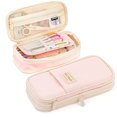 MAMUNU Expandable Pencil case with compartments Large Capacity Pencil Cases Pencil Bag Pouch Office School Portable Pencil Case Large School Stationery Organizer Makeup Cosmetic Bag Pink