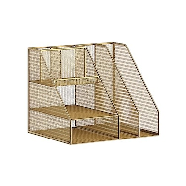 Martha Stewart Ryder Gold Mesh Metal Large Desktop Organizer with Magazine File Holder Pen Holder and Storage