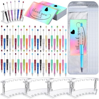 Tenceur 148 Pcs Beadable Pen Set Back to School Gift 48 Plastic Beadable Pen 48 Resealable Pouch Bag 48 Thank You Cards 4 Pcs Plastic Pen Holder Clear Display Stand for StudentBright Color