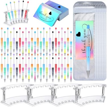 Tenceur 148 Pcs Beadable Pen Set Back to School Gift 48 Plastic Beadable Pen 48 Resealable Pouch Bag 48 Thank You Cards 4 Pcs Plastic Pen Holder Clear Display Stand for StudentGradient Color