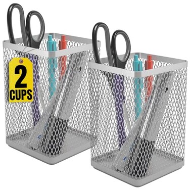 1InTheHome Large Pen Holder Big Tall Pencil Cup Silver Wire Mesh 2 Pack