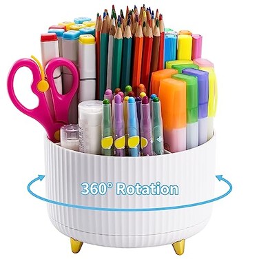 Marbrasse Desk Organizer 360Degree Rotating Pen Holder Desk Organizers and Accessories with 5 Compartments Pencil Holder Art Supply Storage Box Caddy for Office HomeWhite