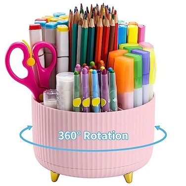 Marbrasse Desk Organizer 360Degree Rotating Pen Holder Desk Organizers and Accessories with 5 Compartments Pencil Organizer Art Supply Storage Box Caddy for Office HomePink