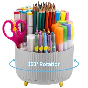 Marbrasse Desk Organizer 360Degree Rotating Pen Holder Desk Organizers and Accessories with 5 Compartments Pencil Holder Art Supply Storage Box Caddy for Office Home Grey