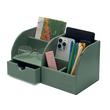 UnionBasic Desk Organizer Multifunctional Leather Desktop Pen Holder Storage Box Business CardPenPencilMobile PhoneStationery Holder Malachite Green