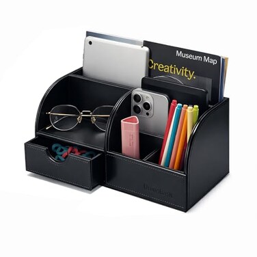 UnionBasic Desk Organizer Multifunctional Leather Desktop Pen Holder Storage Box Business CardPenPencilMobile PhoneStationery Holder Black