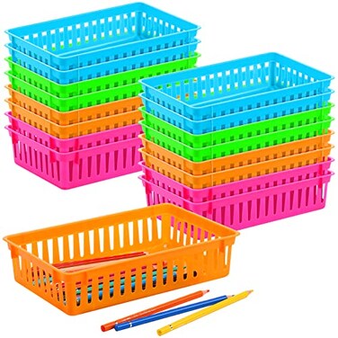 Thenshop 16 Pcs Classroom Storage Baskets Bins Crayon Holder Box Plastic Organizer Plastic Pencil Crayon Book Baskets for Library Storage Trays for Desk Drawer Home Office 102 x 65 x 24 Inch