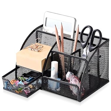 Cayxenful Mesh Desk Organizer Desktop Organizer with Drawer Office Supplies MultiFunctional Caddy Metal Stationary Black Desk Caddy with 6 Compartments and 1 Drawer for Home School Workshop kitchen