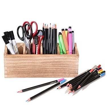 WuGeShop Wooden Pen Pencil Holder for Desk 4 Compartment Rustic Rectangular Pen Organizer Wood Desktop Organizer Caddy Multi Purpose Use for Home School Office Supplies Stationery