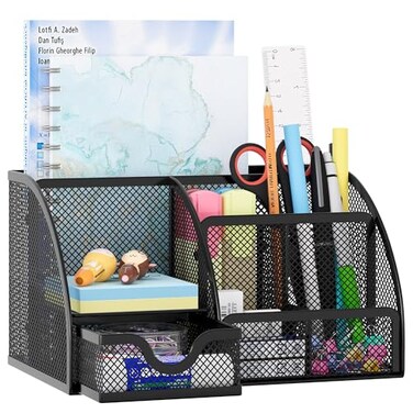 EasyPAG Mesh Desk Organizer with Drawer Multifunctional Pen Holder Stationery Organizer for Office School Supplies 6 Compartments Dorm Organizers and Storage for Desk Black