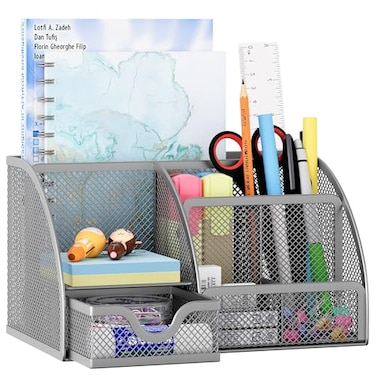 EasyPAG Mesh Desk Organizer with Drawer Multifunctional Pen Holder Stationery Organizer for Office School Supplies 6 Compartments Dorm Organizers and Storage for Desk Silver