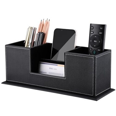 KINGFOM Office Supplies Desk Organizer PU Leather Storage Box 4 Divided Compartments for Pen Business Card Remote Control Mobile Phone Cosmetics Collection Holder Black