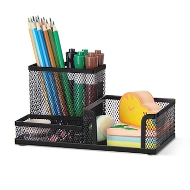 Comix Mesh Pen Pencil Holder Desk Organizer 3 Compartment Wire Desktop Pen Pencil Cup Caddy Office Supplies Desk Accessories for Home Office School Black