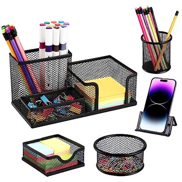 Byjoph Mesh Pen Holder for Desk Pencil Holders 5 Pieces Desk Organizer Office Supplies Caddy with Sticky Notes Holder for Office School Home Black