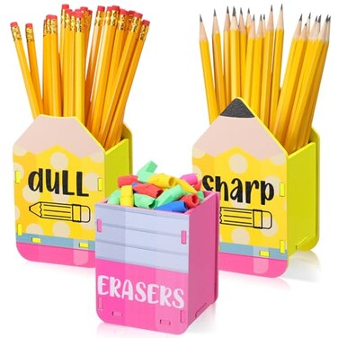 DoubleFill 3 Pcs Sharp and Dull Pencil Holder Eraser Buckets Wooden Shaped Dispenser for Back to School Teachers Classroom ManagementCute Circle