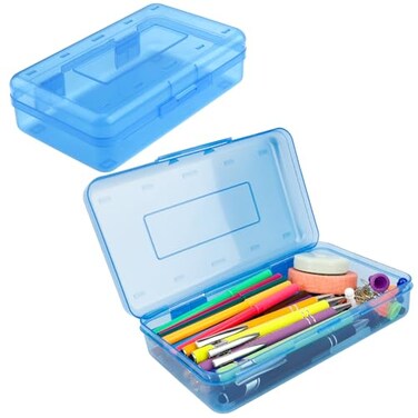 Vilnadu Pencil Box Clear Pencil Case Large Capacity Plastic Hard Pencils Case Crayon Box with SnapTight Lid Stackable for Kids Adult Student Pens Pencils School Supplies Storage Office Supplies Blue