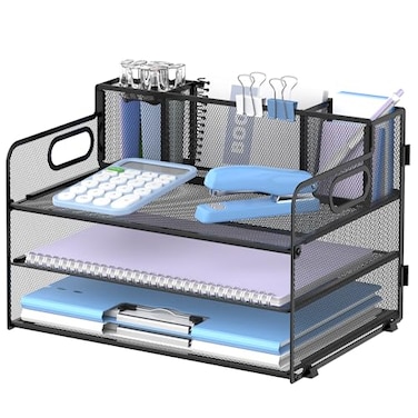 SUPEASY 3 Tier Desk Organizer with Handle 3 Pen Holders Mesh PaperFile Organizer for Desk Paper Letter Tray Organizer for Office Supplies Black