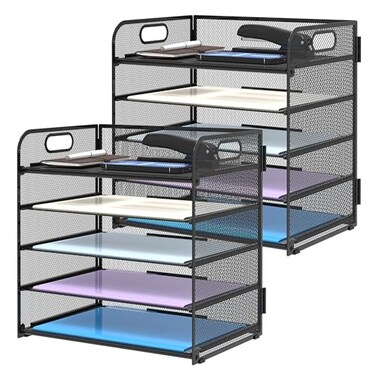 Supeasy 2 Pack 5Tier Desk Organizer with Handle Mesh Desk FilePaper Organizer Letter Tray for Office School Classroom and Home Easy Installation Black