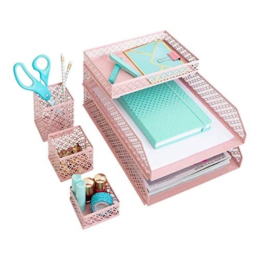 BLU MONACO Pink Desk Organizer Set for Women 6 Piece Mail Sorter Organizer Countertop with Letter Trays Standing File Organizer with Mesh Pen Holders