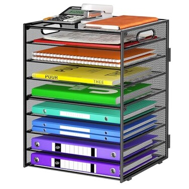 Cawukege 9 Tier Paper Organizer with Handle Black Large Capacity Desk Organizer Mesh File Folder Letter Paper Tray Desktop Document Sorter for Classroom School and Office Accessories Organization