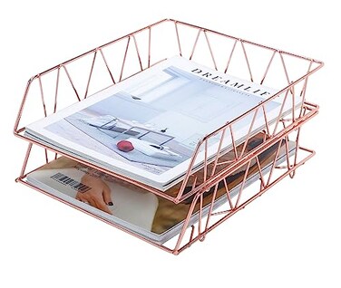 PAG Set of 2 Office Supplies Metal Stackable File Document Letter Tray Organizer for Desk Rose Gold
