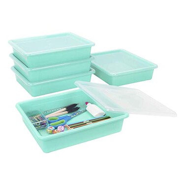 Storex Letter Size Flat Storage Tray Organizer Bin with NonSnap Lid for Classroom Office and Home Teal 5Pack 62541U05C