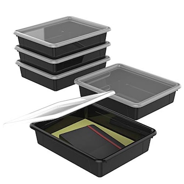 Storex Letter Size Flat Storage Tray Organizer Bin with NonSnap Lid for Classroom Office and Home Black 5Pack 62535A05C